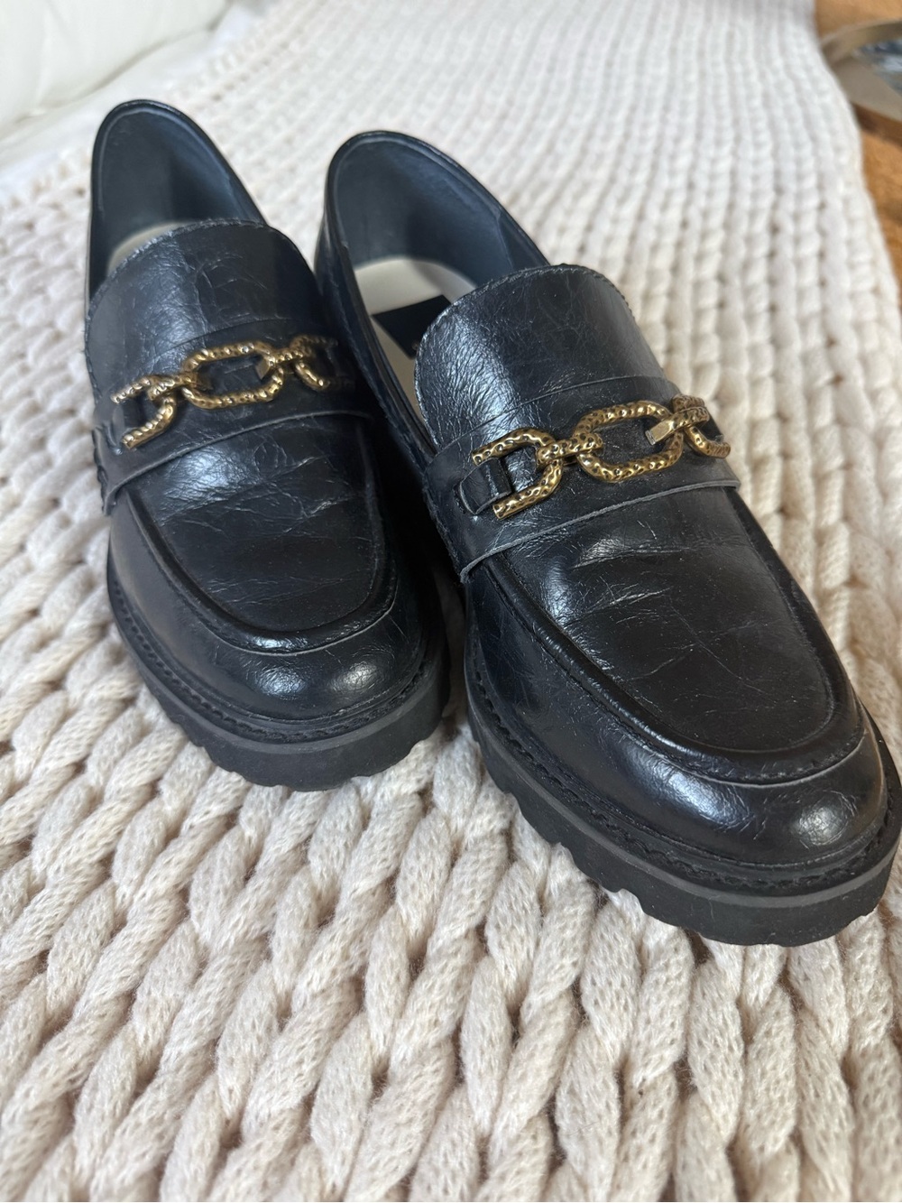 Dolce Vita Black Leather Chain-Accent Loafers
